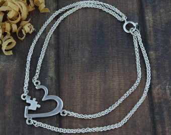 Heart Puzzle Piece Sterling Silver Bracelet, Handmade