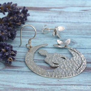 Asymmetrical Sterling Silver Lotus Flower Earrings, Handmade Yoga lovers Jewelry image 3