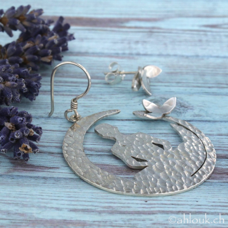 Asymmetrical Sterling Silver Lotus Flower Earrings, Handmade Yoga lovers Jewelry image 3