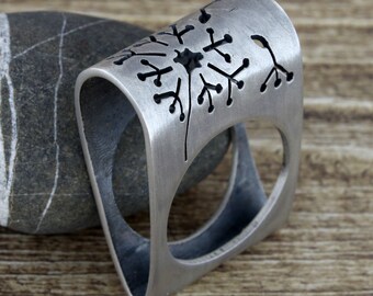 Handmade Sterling Silver Large Ring, Dandelion Design, Shina Tsu Hime Myth