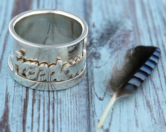 Handmade Sterling Silver Wide Band Spinner Ring, Word "Freedom" rotatable