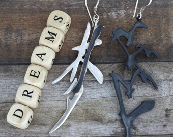 Sterling Silver Asymmetrical Earrings, Kanji Dreams & Bird Dangles
