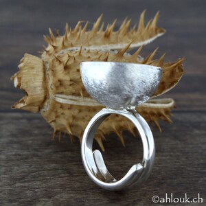 May include: A silver ring with a textured, dome-shaped top. The ring is sitting on a dried, spiky plant.