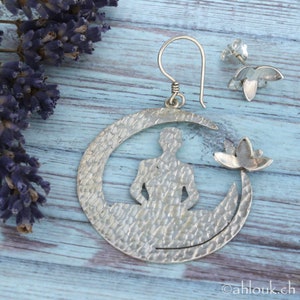 Asymmetrical Sterling Silver Lotus Flower Earrings, Handmade Yoga lovers Jewelry image 1