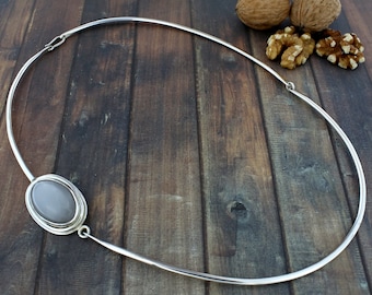Asymmetrical Sterling Silver Natural Stone Necklace, Handmade Jewelry