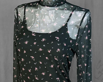 Mock Turtle-Neck Long Sleeve Stretch Mesh Tee Shirt in a Floral Print