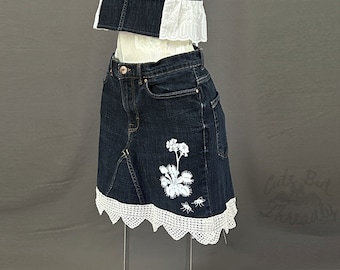 Venus Fly Trap Denim Skirt, Upcycled Denim Skirt With Vintage Crocheted Lace, 32 waist