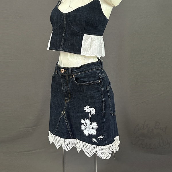 Venus Fly Trap Denim Skirt, Upcycled Denim Skirt With Vintage Crocheted Lace, 32 waist