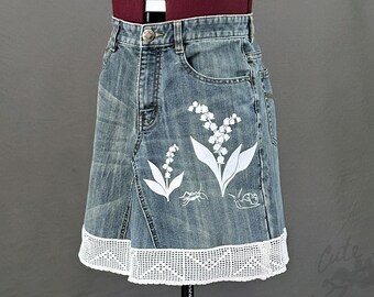 Lilly Of The Valley Denim and Lace Skirt, Upcycled Denim Skirt with Vintage Crocheted Lace