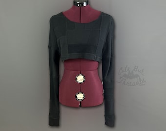 Patchwork Waffle Weave Crop Top Langarm Shirt