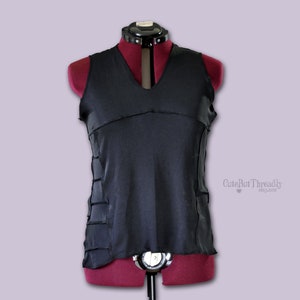 Tattered Grunge Sleeveless Shirt, Black Gothic Scrap Fabric Shirt, Apocalypse Fashion