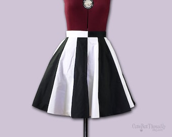 Black and White Panel Skirt, Knee Length Circle Skirt, cute emo goth skirt