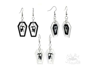 Coffin Dangle Earrings with Reaper, 3D Printed Halloween Jewelry, Cute Gothic Earrings