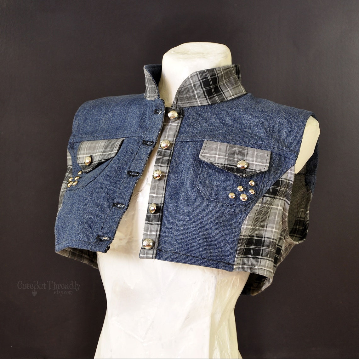 Cropped Denim Vest Punk Rock Vest Womens Studded Vest Etsy