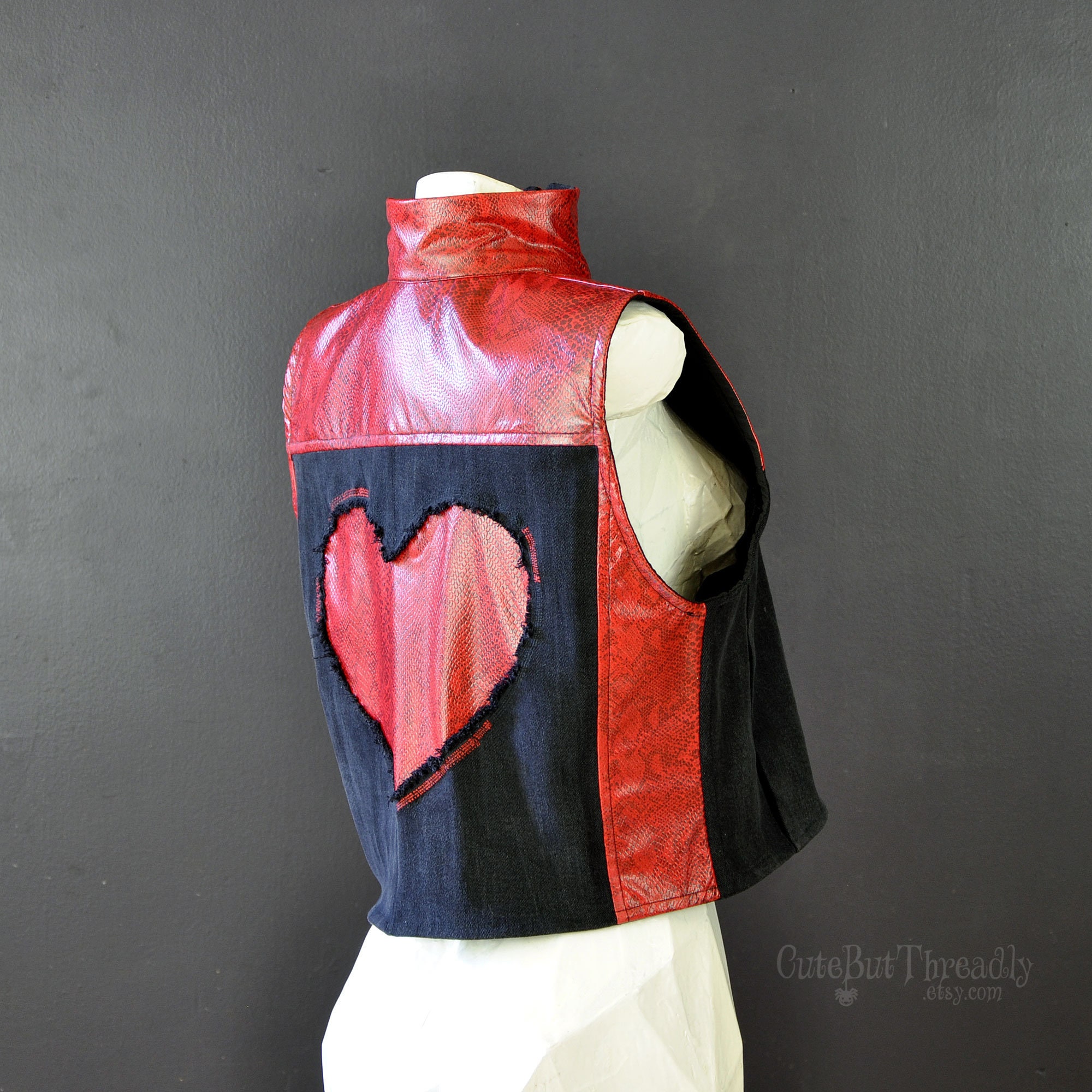 Punkrock Heart Vest Red and Black Cropped Denim Vest | Etsy