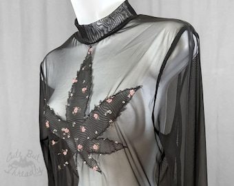 Long Sleeve Stretch Mesh Tee Shirt with Floral Print Leaf Applique and Mock Turtle-Neck