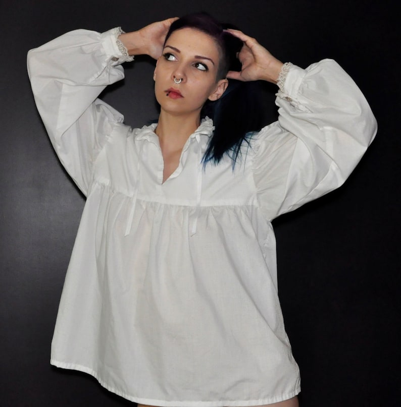 Lace Collared Peasant Blouose Available in White Medieval Renaissance Shirt Beige or Black and Your Custom Size LARP Shirt