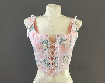 Naughty Bunny Corset Style Lace-up Crop Top, white and pink bunny corset