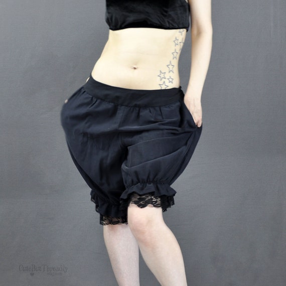 Black Gothic Bloomer Shorts, Bloomer Style Pants, Button up