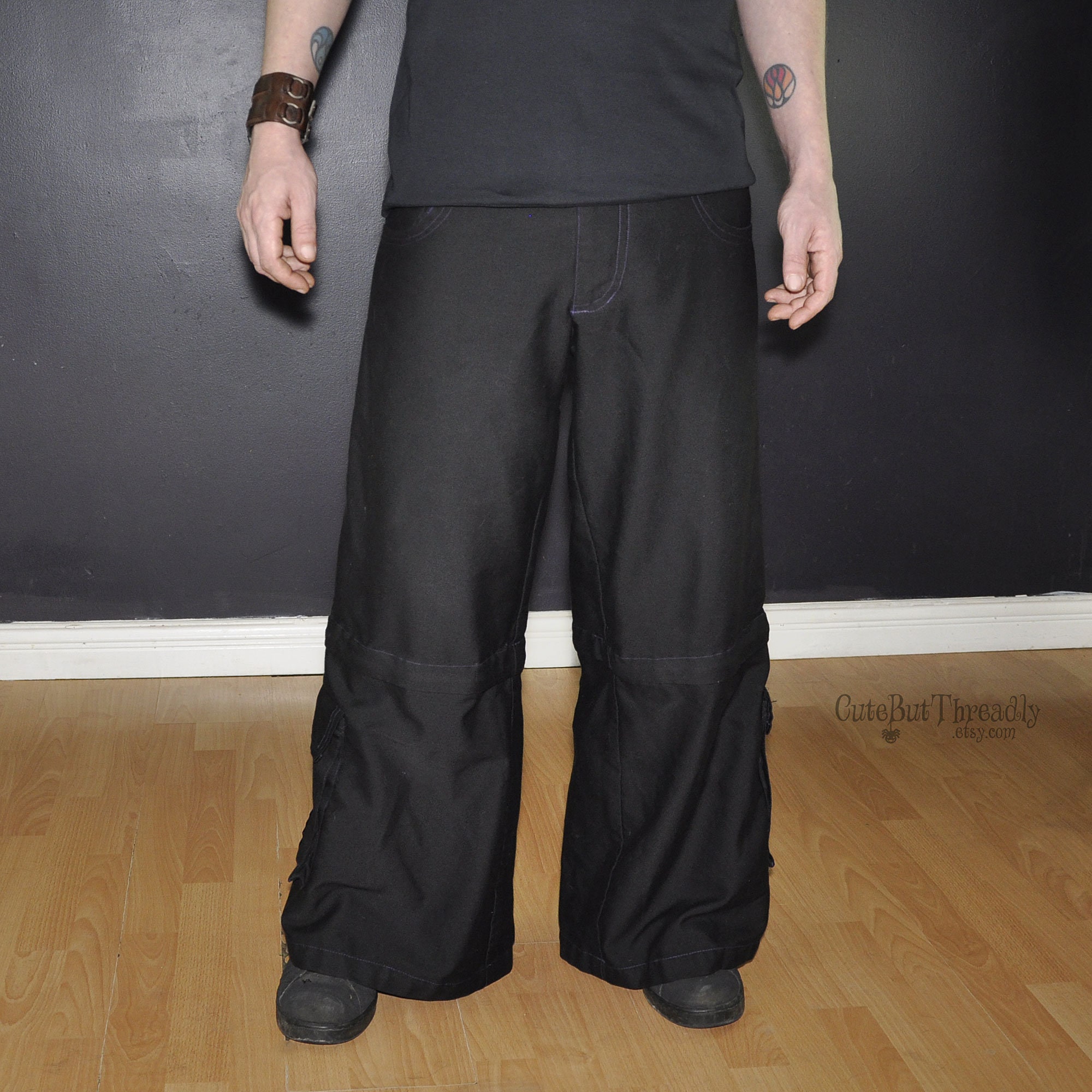Convertible Zip off Raver Pants, Black Denim Cargo Shorts