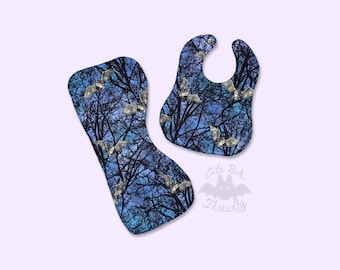 Baby Bat Bib set in blue, Spooky Cute halloween baby gifts, punk rock baby, gothic baby shower gifts