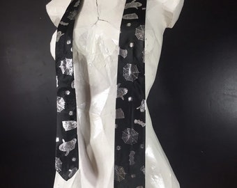 Black and Silver Spooky Necktie, halloween tie with ghosts and spiderwebs, gothic necktie