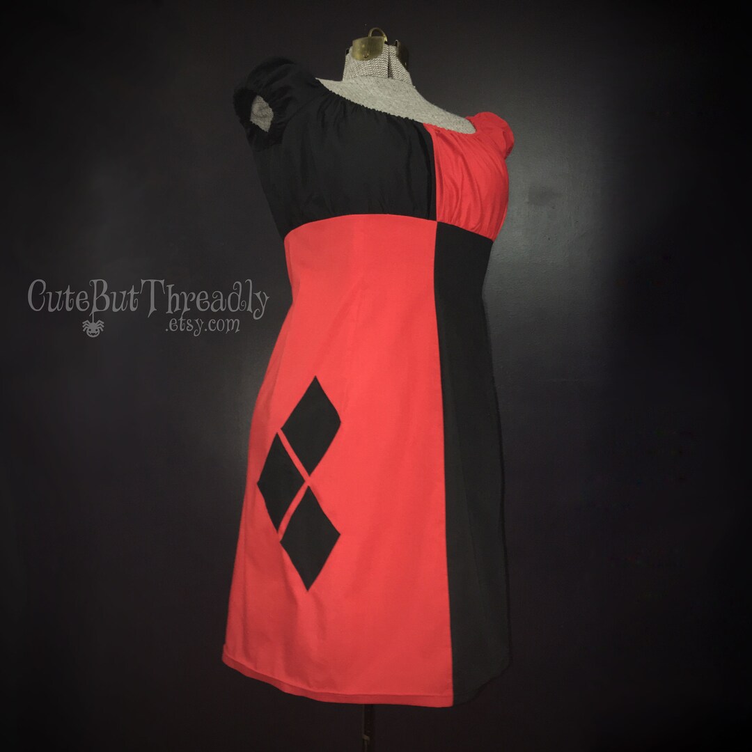 Harley Dress, Harley Quinn Fitted Babydoll Dress, Red and Black Cosplay Dress, Womens Halloween