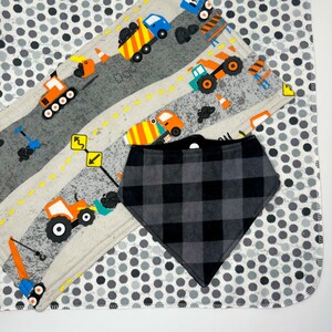 Baby Bundle, Baby Gift, Receiving Blanket, Bib, Burp Cloth -- Construction Trucks