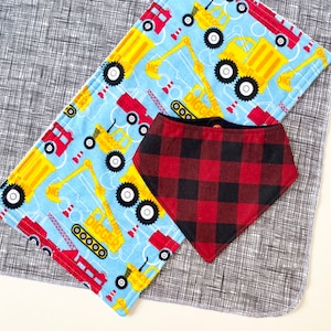 Baby Bundle, Baby Gift, Receiving Blanket, Bib, Burp Cloth -- Construction Trucks