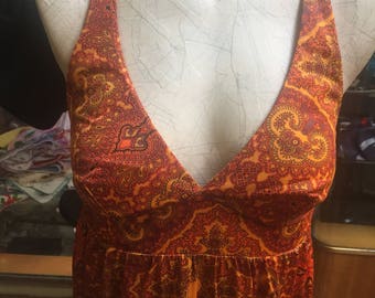 1970s patterned maxi dress in earth tones!