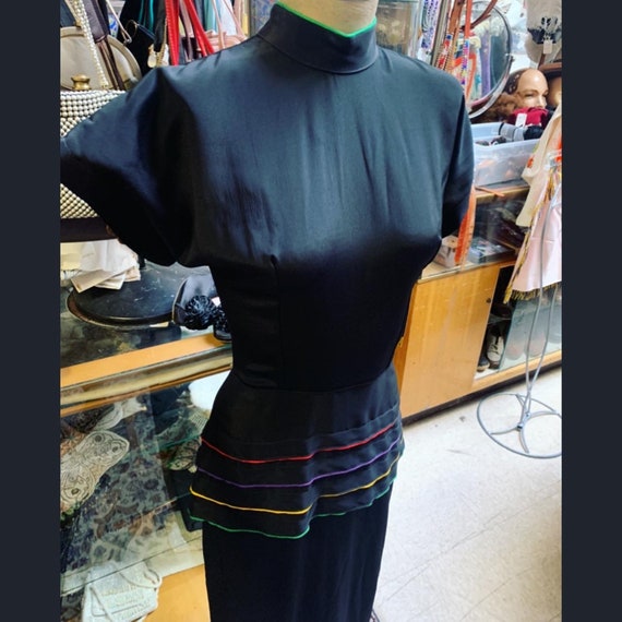 Rainbow-powered 1980s peplum dress - in 1940s styl