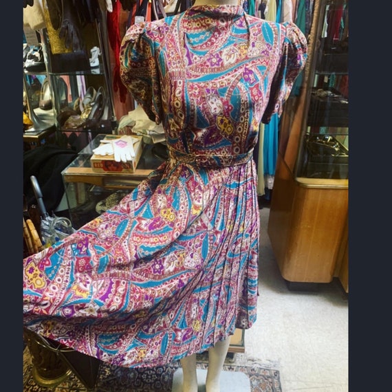Most adorable silk puff sleeve colorful print dres