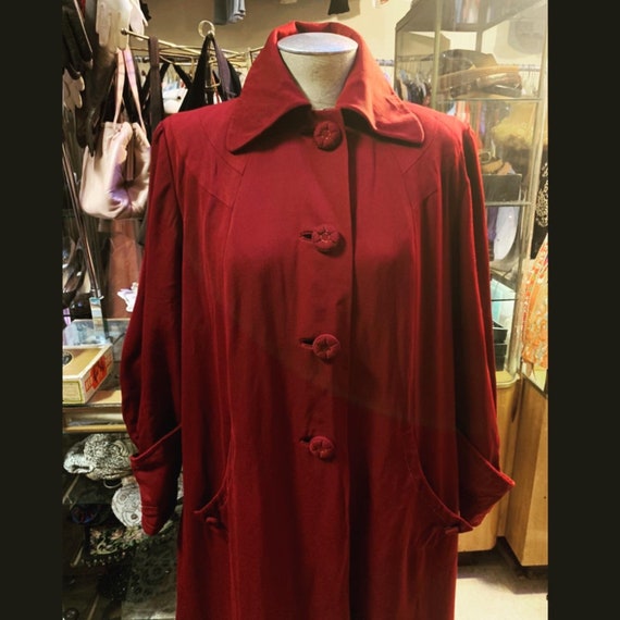 Stunning and sumptuous burgundy gabardine coat of