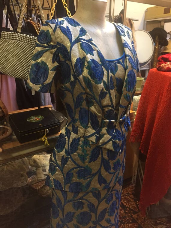 1960s dress gold and blue brocade stunner