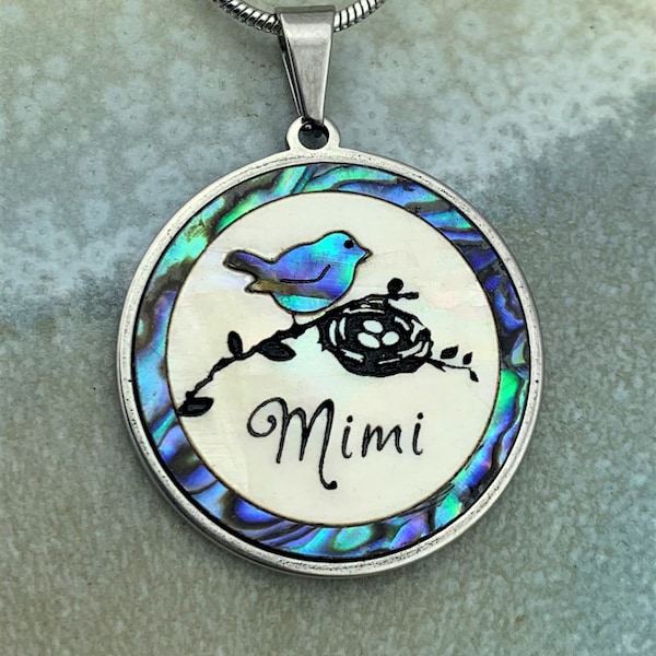 Mimi Necklace, Bird Necklace, Grandma Necklace, Mother of Pearl Jewelry, Birthstone Necklace, Name Necklace, Custom Name Pendant, Kid Names