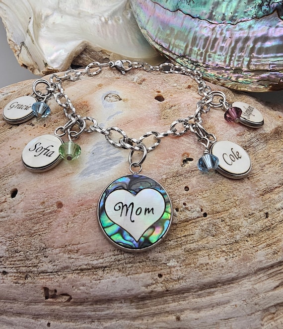 Custom Mom Bracelet With Kids Names Mother of Pearl Shell