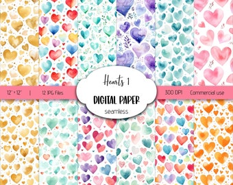 Digital Paper Hearts 1 - Seamless Commercial Use Watercolor Scrapbook Background Download Hearts Hearty Valentine Love colorful