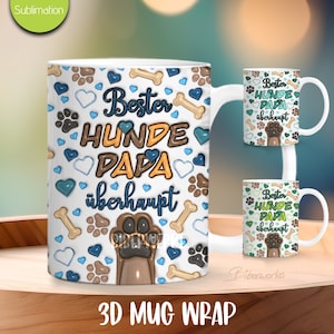 Peut inclure: Mug en céramique blanche avec un motif reprenant le texte "Bester Hunde Papa überhaupt" en marron et bleu, ainsi que des empreintes de pattes, des cœurs et des os. La tasse a une anse blanche et est une impression 3D.