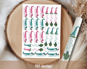 キャンドルタトゥーテンプレート ノーム 水彩画風 ターコイズ＆ピンク - 印刷可能なPDFでDIYキャンドルデコレーション クリスマス - Biberwerke インスタントダウンロード
