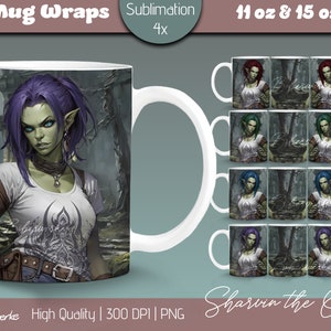 Könnte beinhalten: Ein digitales Sublimations-Tassendesign mit Sharvin dem Ork, einer grünhäutigen Figur mit violettem Haar, die ein weißes T-Shirt mit dunklem Grafikdruck trägt. Das Set enthält vier Varianten mit verschiedenen Haarfarben für 11 oz und 15 oz Tassen.