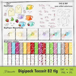 Może przedstawiać: Pakiet sztuki cyfrowej z ilustracjami o tematyce herbacianej, w tym filiżanki, torebki herbaty i truskawki. Projekt zawiera również akwarelowe tła i wzorzyste papiery z gwiazdami i tekstem. Widoczny jest tekst "Digipack Teezeit 82 tlg".
