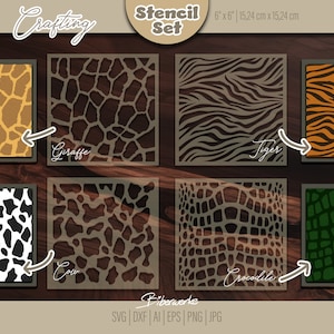 Könnte beinhalten: Ein Set aus vier quadratischen Schablonen mit Tiermustern in der Größe 15,24 cm x 15,24 cm. Die Designs umfassen Giraffe, Tiger, Kuh und Krokodil. Das Set ist als Crafting Stencil Set beschriftet und enthält die Formate SVG, DXF, AI, EPS, PNG und JPG.