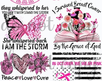 May include: A digital design sheet with pink and black images related to breast cancer awareness. The sheet includes images of pumpkins, butterflies, a book, a heart, a sunflower, and an American flag. The text "In October we wear pink" appears multiple times on the sheet.