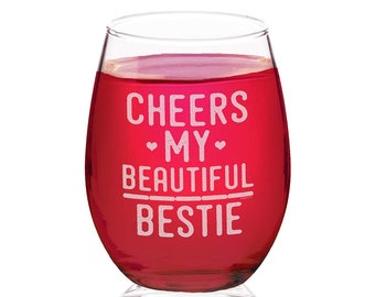 Cheers Bestie Engraved Stemless Wine Glass, Best Friend Gift