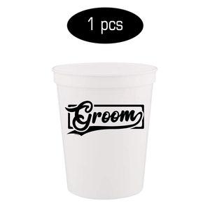 May include: White plastic cup with a black graphic that says "Groom" in a stylized font.