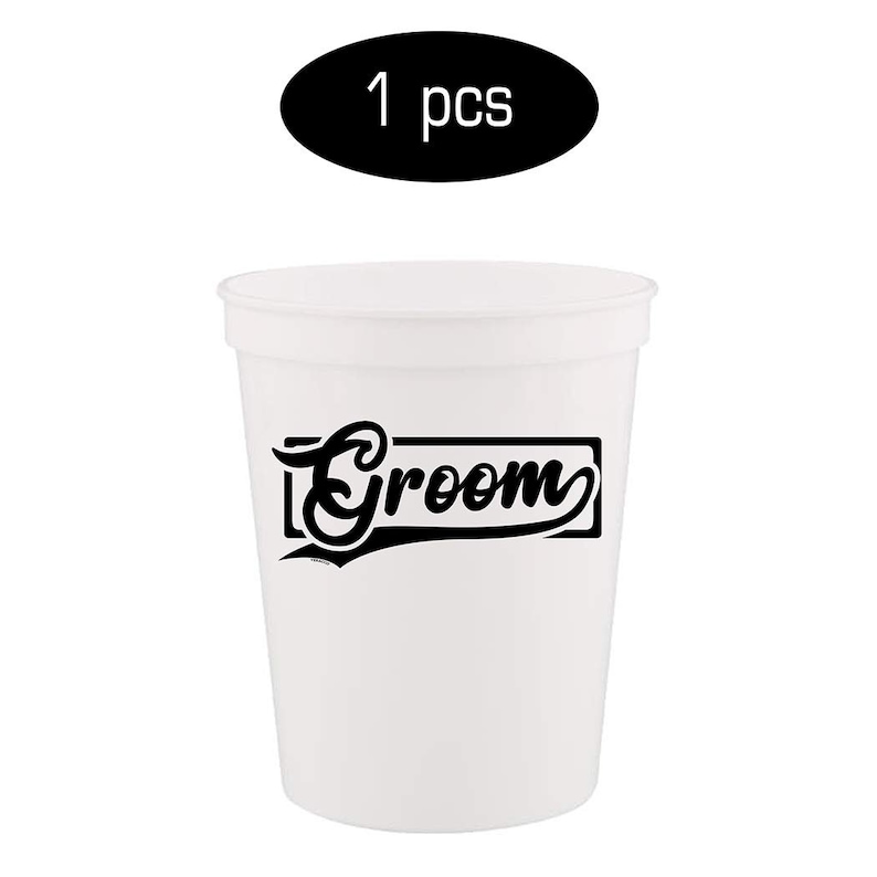 May include: White plastic cup with a black graphic that says "Groom" in a stylized font.