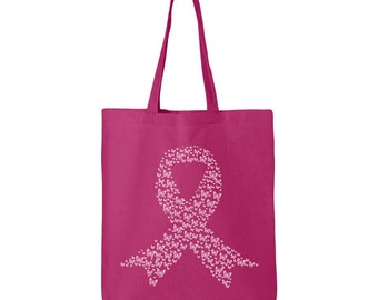 Pink Ribbon Butterfly Breast Cancer Awareness Tote Bag Fearless Survivor Eco Cotton Reusable Breast Cancer Awareness Items