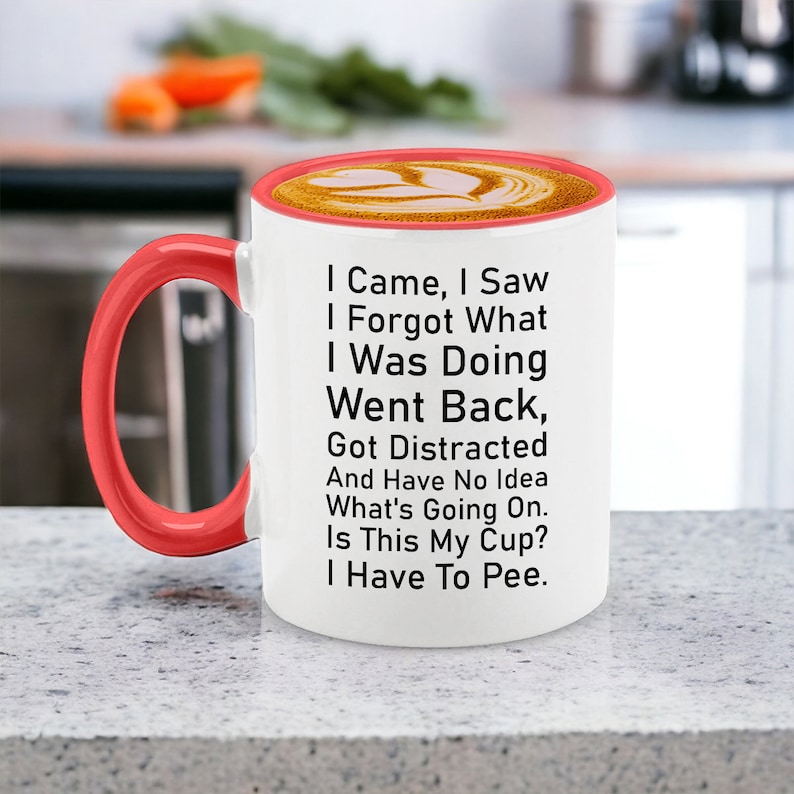 May include: White ceramic coffee mug with a red rim and handle. The mug has a humorous saying printed on it: "I Came, I Saw, I Forgot What I Was Doing, Went Back, Got Distracted And Have No Idea What's Going On. Is This My Cup? I Have To Pee."