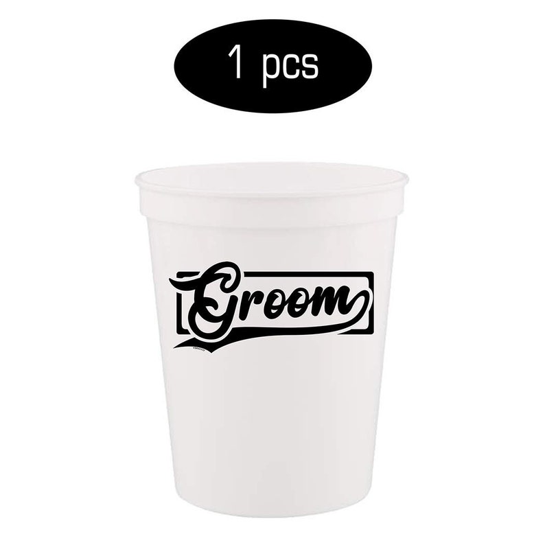 May include: White plastic cup with a black graphic that says "Groom" in a stylized font.