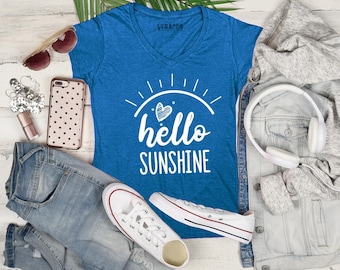 Hello Sunshine V-Neck Shirt, Summer Beach Tee